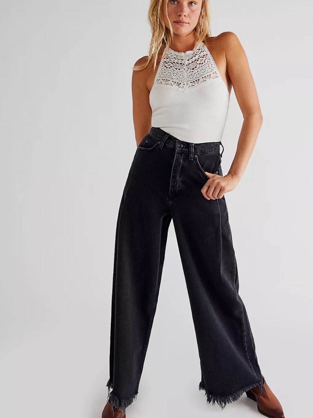 We The Free Black High-Rise Wide-Leg Frayed Hem Jeans